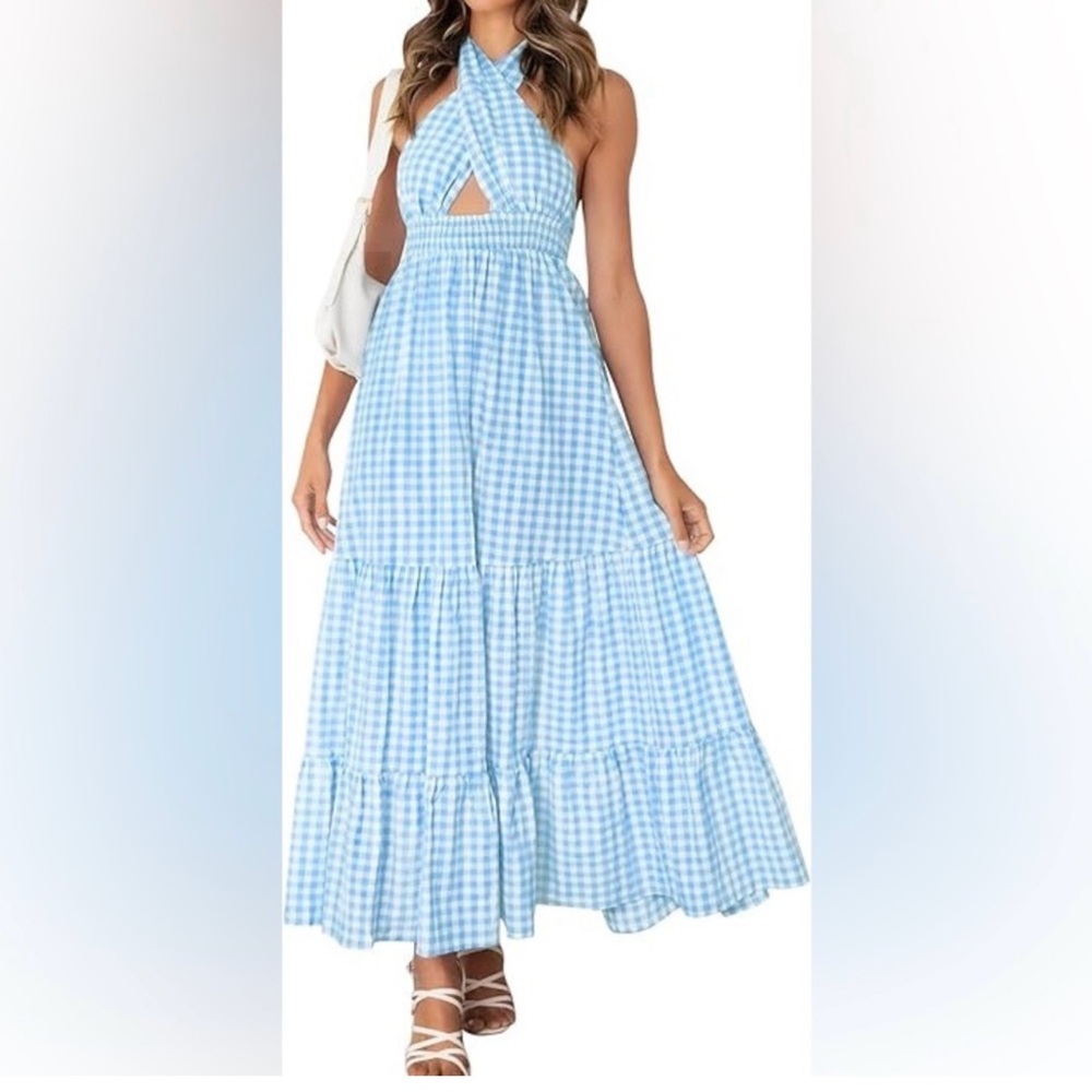 Blue Gingham Halter Maxi Dress
